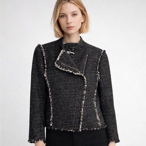 Ann Taylor Tweed Fringe Moto Style Jacket Black/White Career Casual Size Small